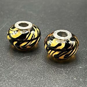 Set of Two Tedora Italy Murano Glass Sterling Silver Tiger Print Beads Charms